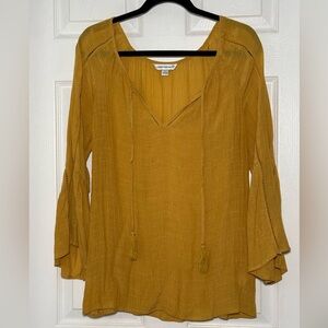 Yellow Blouse Relaxed Tie Front 3/4 Bell Sleeves